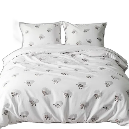 furniture, white, bed, duvet, cover, featuring, pattern, cartoon transparent PNG cut-out