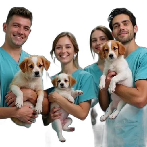 staff, animal, 3d render, photorealistic, group, people, holding, dogs transparent PNG cut-out