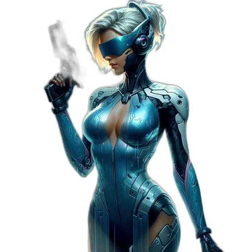 robot, dress, comic book art, concept art, cyberpunk, fantasy art, blue, nocturnal transparent PNG cut-out