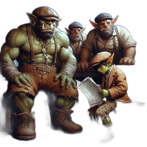 concept art, fantasy art, comic book art, 3d render, earth tones, three, creatures, including transparent PNG cut-out