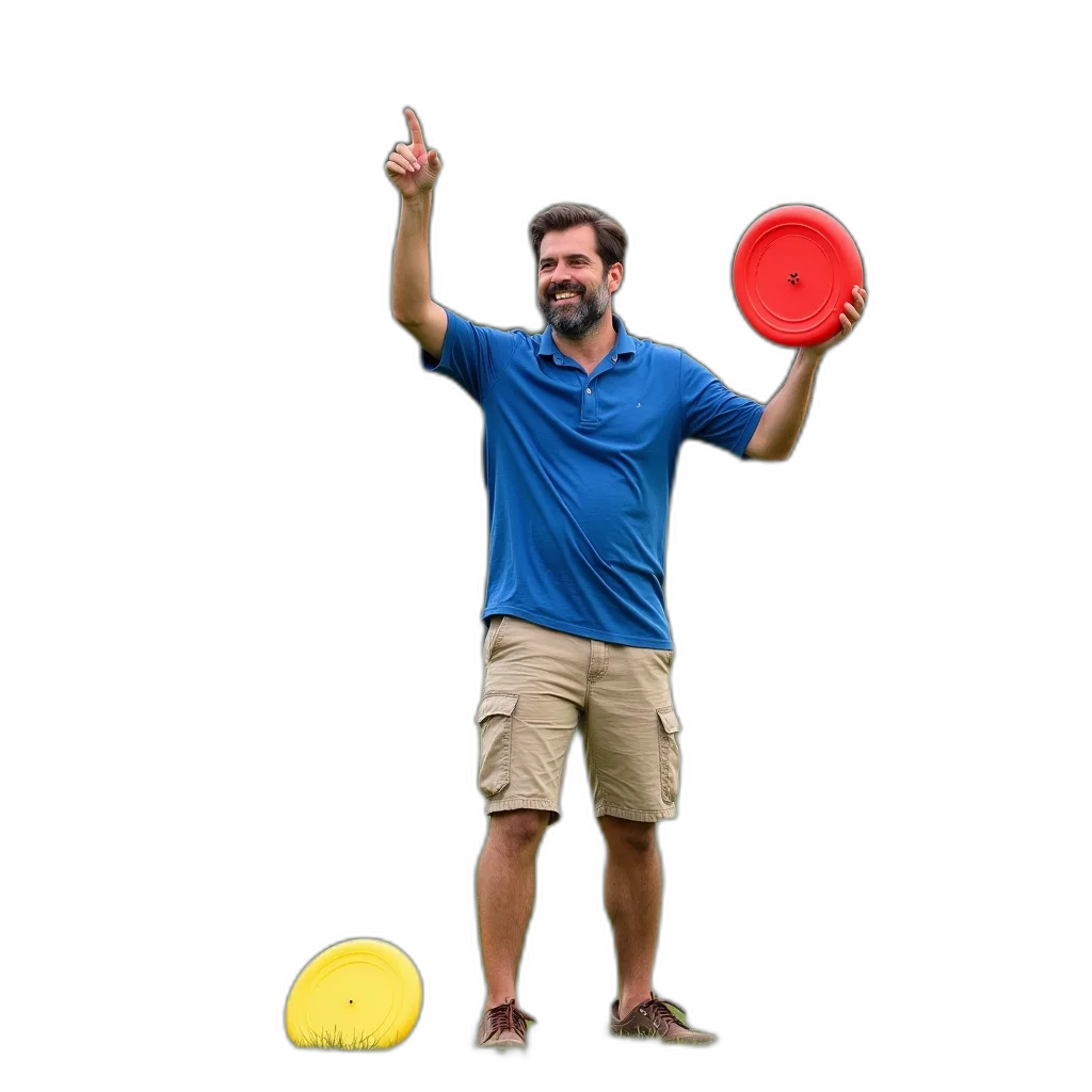 staff, umbrella, 3d render, man, blue, shirt, khaki, shorts transparent PNG cut-out