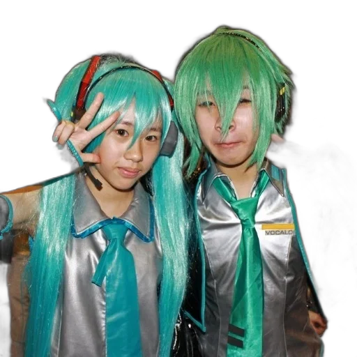 staff, cyberpunk, green, two, people, dressed, vocaloid, costumes transparent PNG cut-out