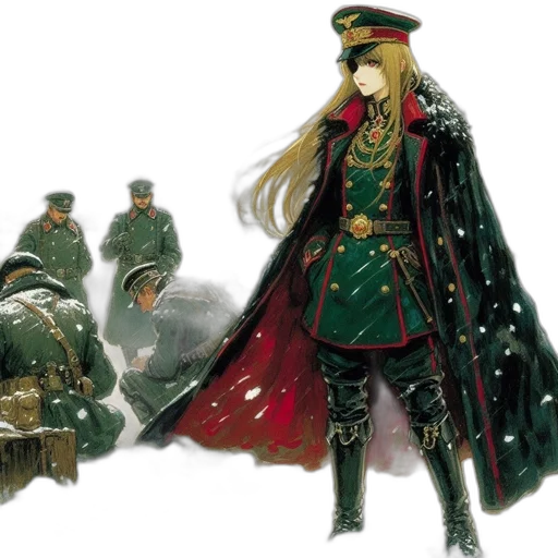 concept art, fantasy art, comic book art, watercolor, snow, red, female, military transparent PNG cut-out