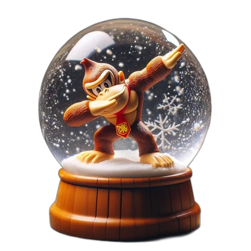 3d render, snow, globe, monkey, figurine, pine, cones, small transparent PNG cut-out