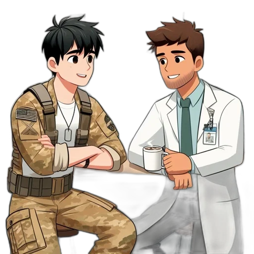 staff, cartoon, anime, pixel art, concept art, two, young, men transparent PNG cut-out