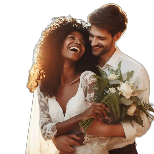 photorealistic, earth tones, their, wedding, day, smiling, bride, white transparent PNG cut-out