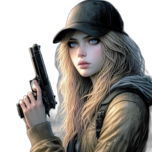 weapon, hat, jacket, photorealistic, concept art, comic book art, fantasy art, woman transparent PNG cut-out