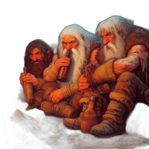 fantasy art, concept art, snow, fire, three, elderly, men, likely transparent PNG cut-out