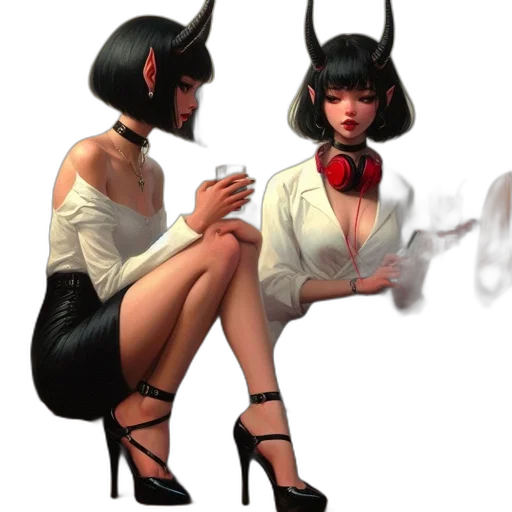concept art, fantasy art, 3d render, comic book art, fire, two, women, devilish transparent PNG cut-out