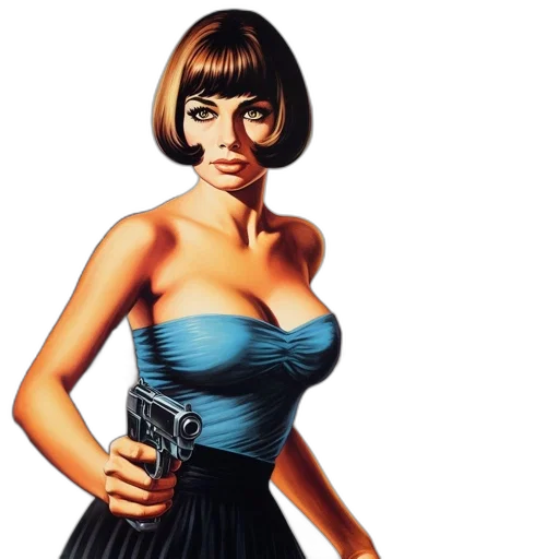 dress, weapon, comic book art, concept art, photorealistic, woman, short, hair transparent PNG cut-out