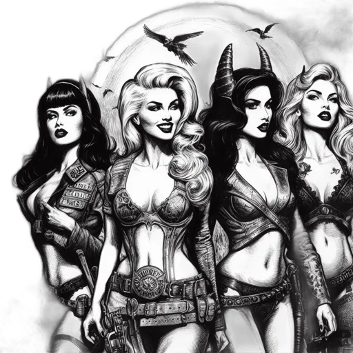 comic book art, fantasy art, concept art, pencil sketch, four, supernaturally, adorned, women transparent PNG cut-out