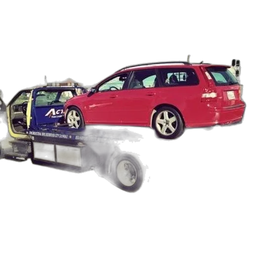 car, red, being, towed, flatbed, truck, action, towing transparent PNG cut-out