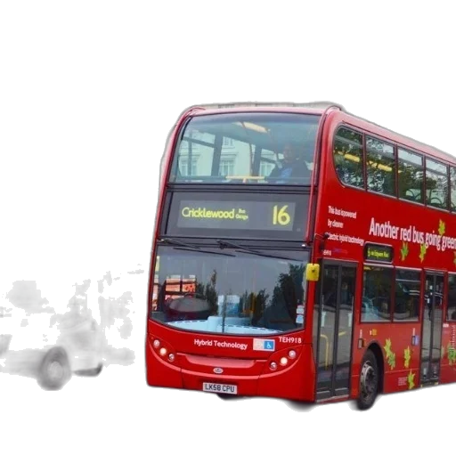 3d render, photorealistic, concept art, red, double-decker, bus, number, driving transparent PNG cut-out