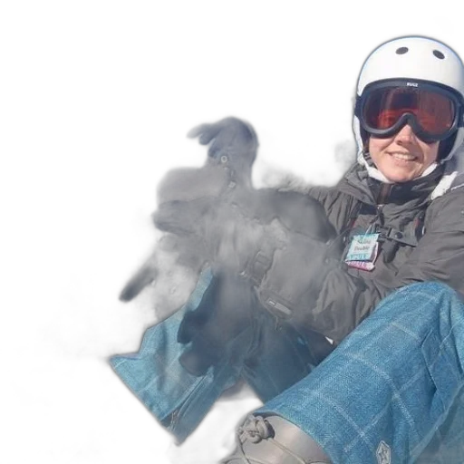 face, woman, blue, plaid, snowsuit, white, helmet, sitting transparent PNG cut-out