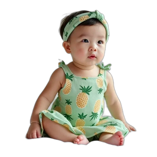 dress, crown, photorealistic, green, baby, white, pineapple, print transparent PNG cut-out