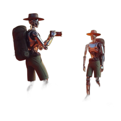 robot, staff, weapon, jacket, concept art, 3d render, pixel art, photorealistic transparent PNG cut-out