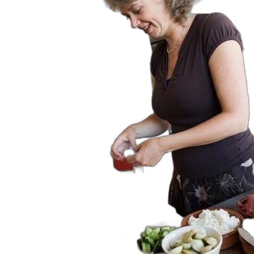 food, staff, dress, jewelry, photorealistic, woman, kitchen, preparing transparent PNG cut-out