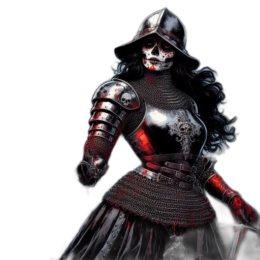 sword, mask, fantasy art, concept art, comic book art, 3d render, red, female transparent PNG cut-out