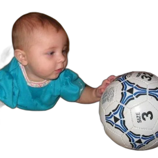 photorealistic, baby, blue, shirt, playing, size, soccer, ball transparent PNG cut-out