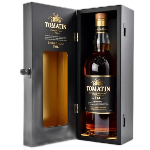 bottle, tomatin, single, malt, scotch, whisky, displayed, gift transparent PNG cut-out