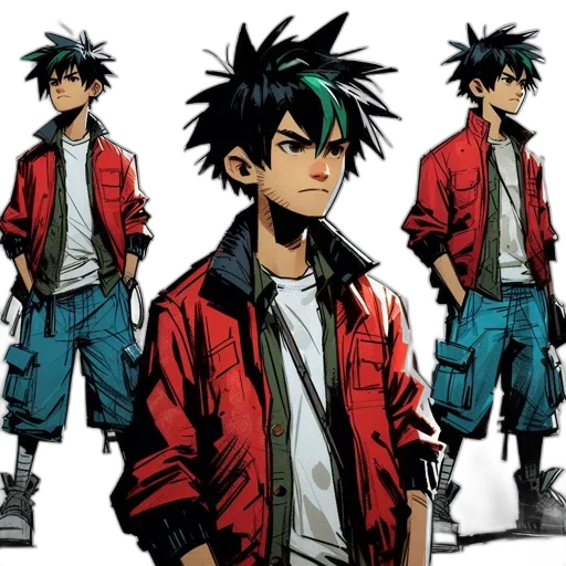 jacket, concept art, comic book art, anime, cartoon, green, red, dark transparent PNG cut-out