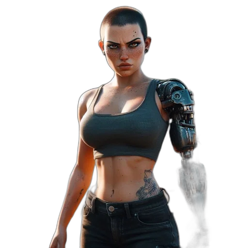 weapon, jacket, robot, concept art, cyberpunk, fantasy art, comic book art, woman transparent PNG cut-out