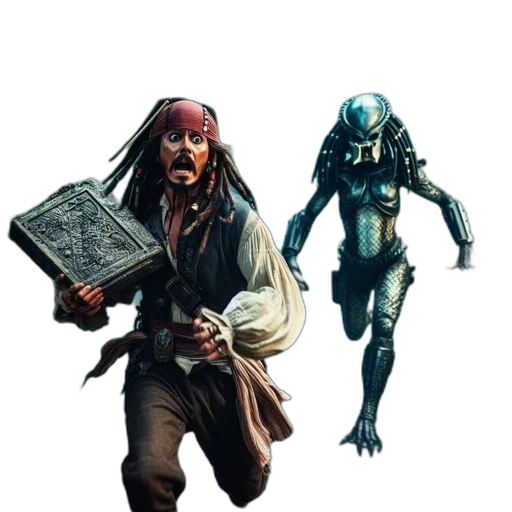 concept art, comic book art, fantasy art, pixel art, underwater, pirate-garbed, man, runs transparent PNG cut-out