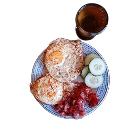 food, plate, two, fried, eggs, bacon, cucumber, slices transparent PNG cut-out