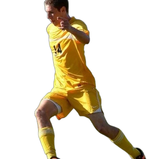 staff, photorealistic, soccer, player, yellow, kicks, ball, sunny transparent PNG cut-out
