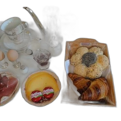 food, photorealistic, fog, breakfast, spread, featuring, croissants, cheese transparent PNG cut-out