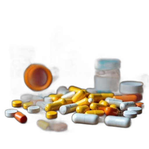 3d render, variety, colorful, pills, capsules, scattered, wooden, surface transparent PNG cut-out