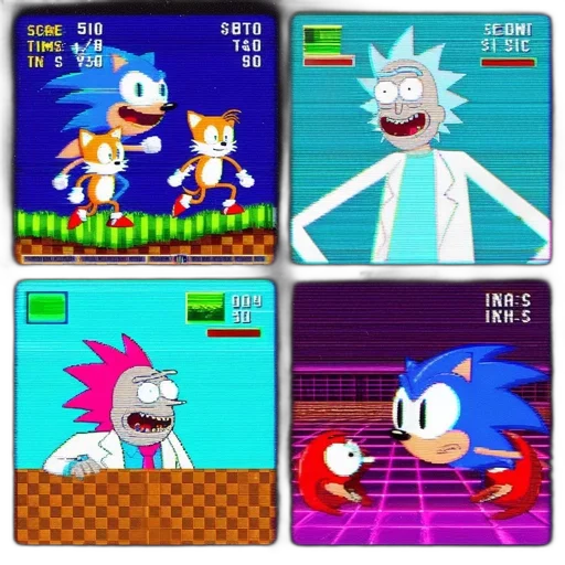 pixel art, concept art, vaporwave, fire, four, scenes, feature, sonic transparent PNG cut-out