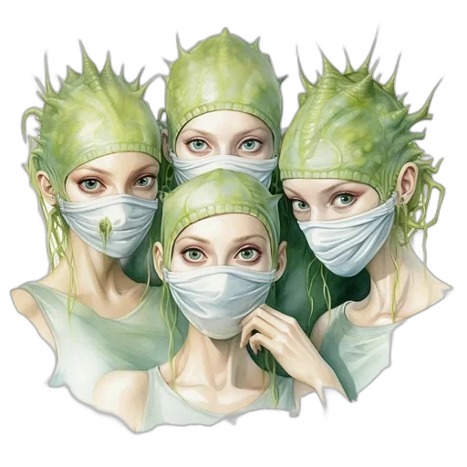 mask, photorealistic, concept art, fantasy art, oil painting, green, four, women transparent PNG cut-out