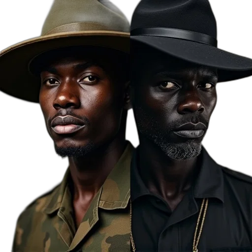 hat, face, photorealistic, concept art, comic book art, dark, earth tones, two transparent PNG cut-out