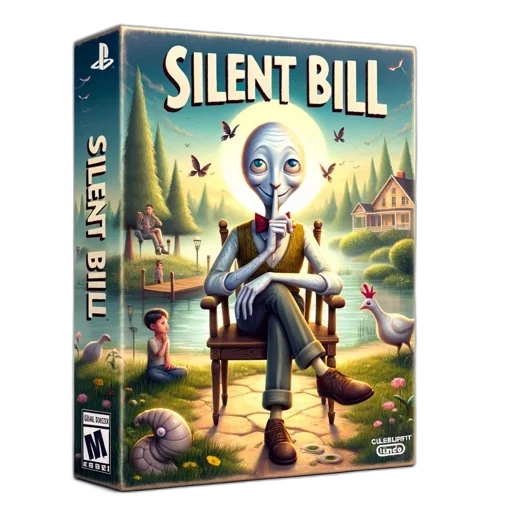 concept art, platform, game, box, titled, silent, bill, presents transparent PNG cut-out