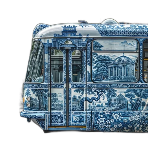 car, photorealistic, tram, intricate, blue, white, patterns, reminiscent transparent PNG cut-out