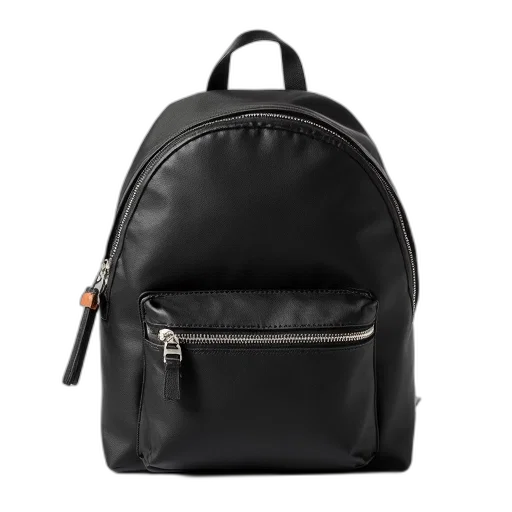 black, backpack, textured, surface, zipper, closure, displayed, against transparent PNG cut-out