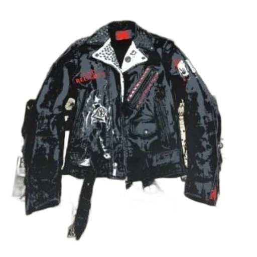 jacket, poster, featuring, black, leather, red, white, patches transparent PNG cut-out