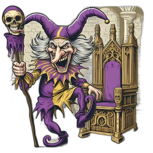 staff, concept art, fantasy art, comic book art, cartoon, intimidating, jester, figure transparent PNG cut-out