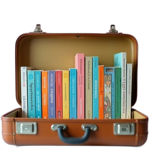pastel, colorful, collection, children, books, neatly, arranged, suitcase transparent PNG cut-out