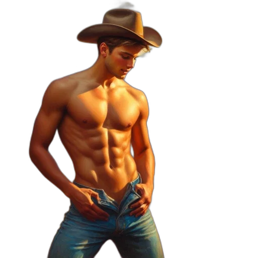 hat, photorealistic, oil painting, 3d render, concept art, muscular, cowboy, exposes transparent PNG cut-out