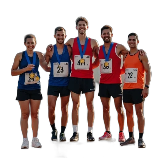 running, marathon, participants, posing, their, medals, podium transparent PNG cut-out