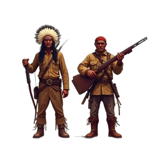 weapon, jacket, staff, concept art, pixel art, fantasy art, comic book art, earth tones transparent PNG cut-out