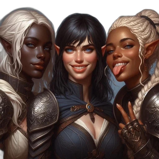 fantasy art, concept art, comic book art, dark, golden, three, female, characters transparent PNG cut-out