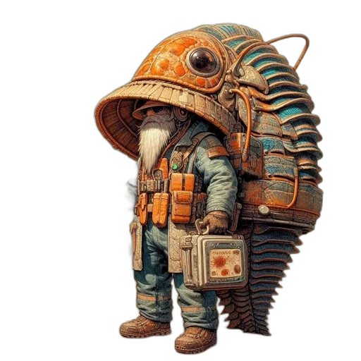 robot, mask, jacket, staff, concept art, fantasy art, 3d render, cyberpunk transparent PNG cut-out