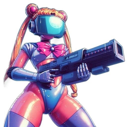robot, weapon, cyberpunk, vaporwave, concept art, pixel art, neon, pastel transparent PNG cut-out