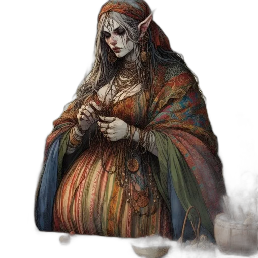 dress, jewelry, staff, fantasy art, concept art, watercolor, comic book art, fog transparent PNG cut-out