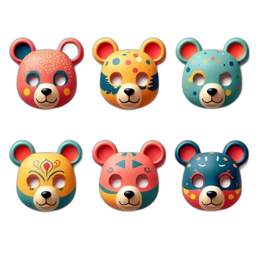 mask, 3d render, concept art, colorful, collection, six, bear, masks transparent PNG cut-out