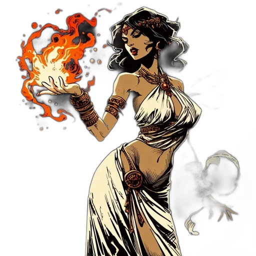 comic book art, concept art, fantasy art, pixel art, fire, earth tones, enigmatic, female transparent PNG cut-out