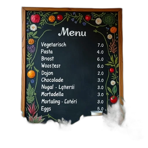 food, 3d render, chalkboard, menu, variety, items, ingredients, listed transparent PNG cut-out